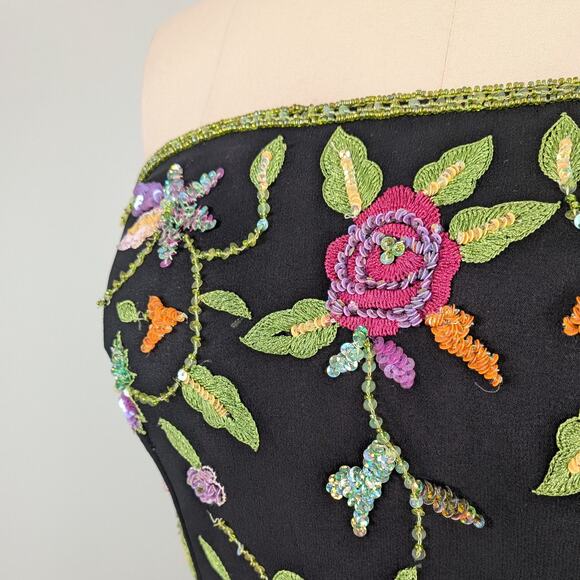 Vintage Sean Collection Prom Dress Maxi Gown L Black Floral Y2K Silk Feminine - Picture 3 of 11